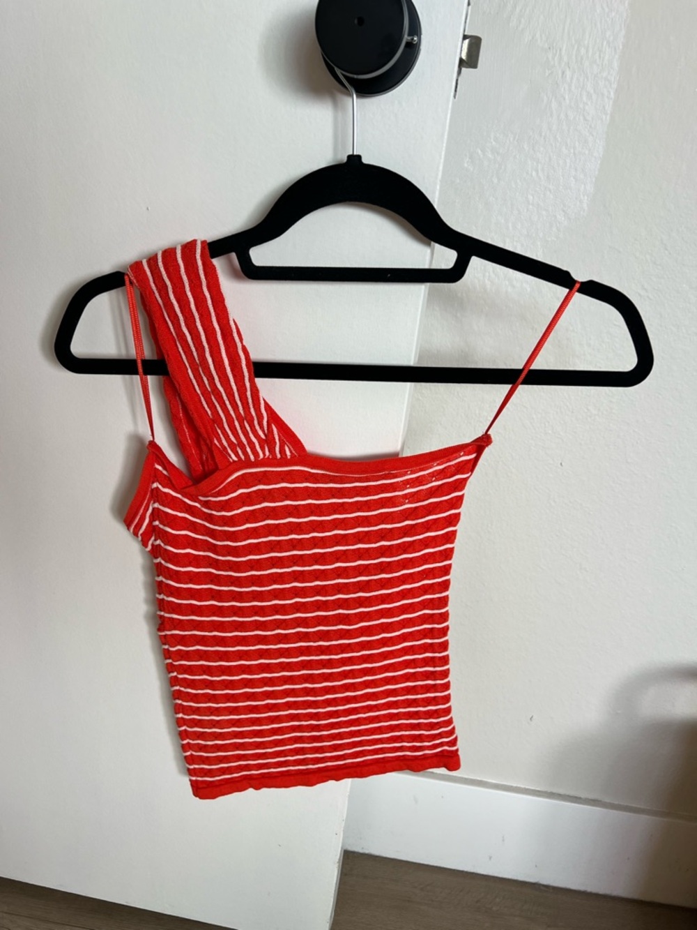 Zara Red & White Striped One-Shoulder Knit Cami - Picture 2 of 3